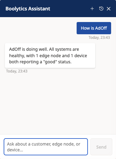 The Boolytics Assistant answering a question about a site's status
