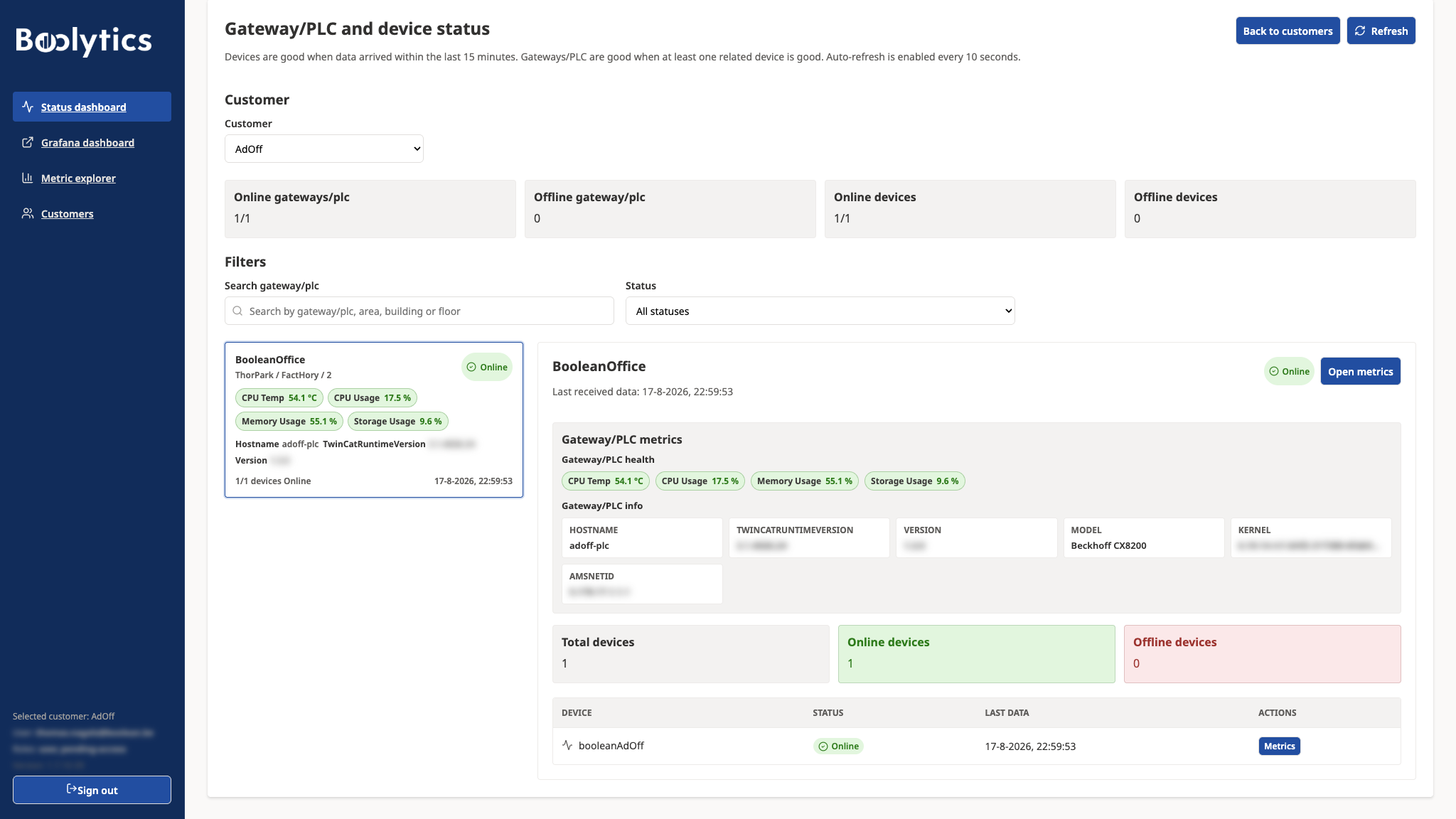 Equipment status in the Boolytics environment